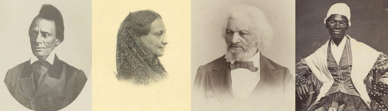 有四个b的横幅&黑人男女的照片:旅居者特鲁斯，弗雷德里克道格拉斯，莎拉P. 雷蒙德，还有查尔斯·雷诺克斯·雷蒙德. 这四张照片看起来都很老，而且是人物肩部以上的侧面特写.